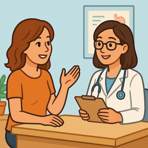Illustration of a woman managing menopause with a healthy lifestyle and regular check-ups